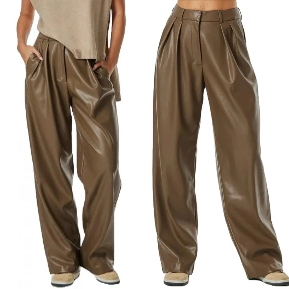NWT Noli Pleat Detailing Faux Leather Trousers Wide Leg Hi-Rise Medium Brown 10